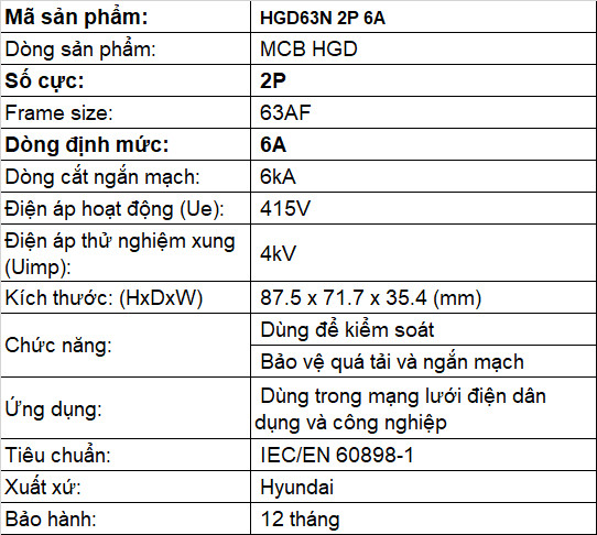 Thông số HGD63N 2P 6A