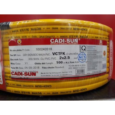 Cadisun VCTFK 2×6 Cu/PVC/PVC 300/500V - Dây đôi dẹt mềm 2x6 Cadisun